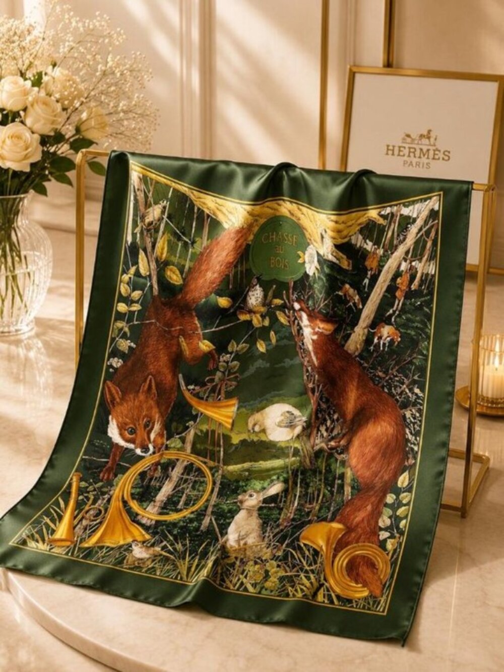 Authentic Hermès Chasse au Bois Carré 90 Silk Scarf Green Hunting Print Made in